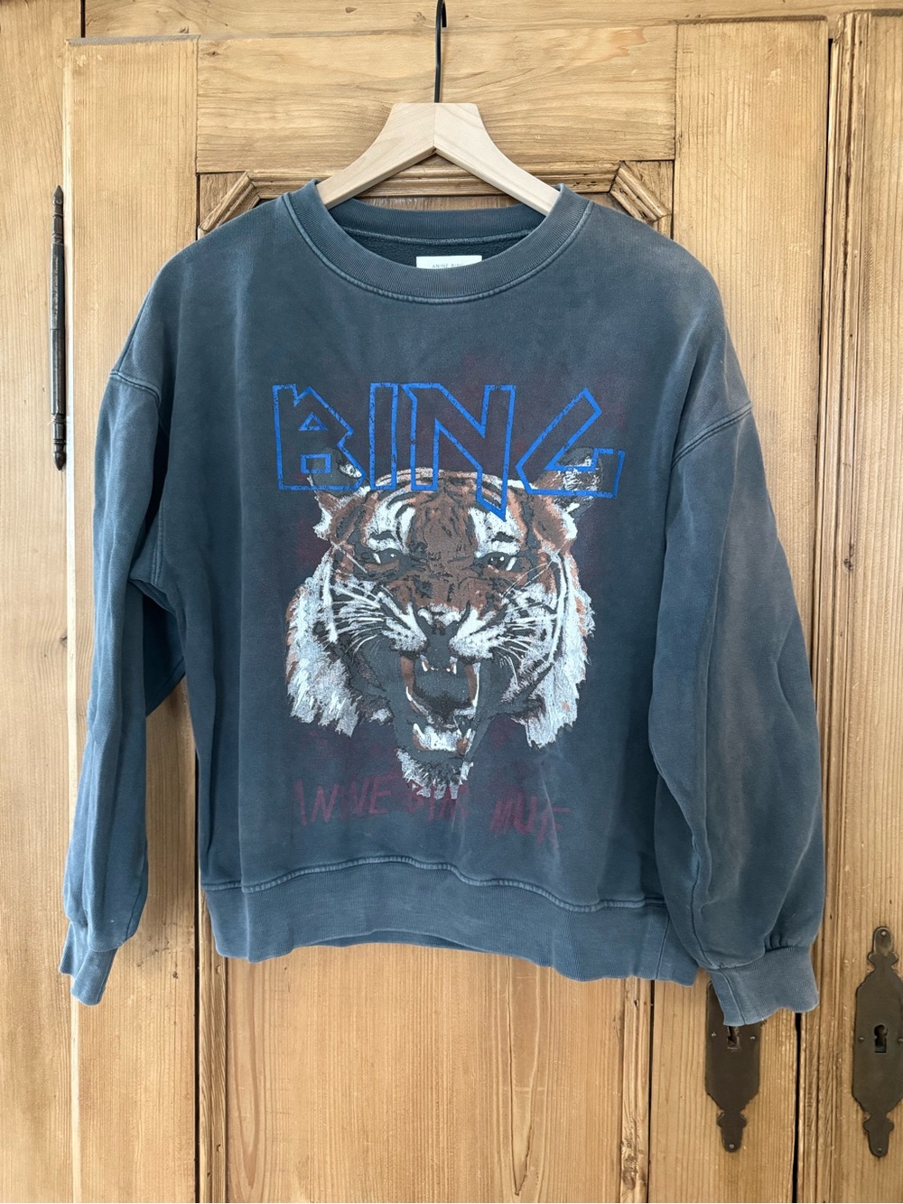 Anine Bing Washed Charcoal Blue Tiger Graphic Sweatshirt